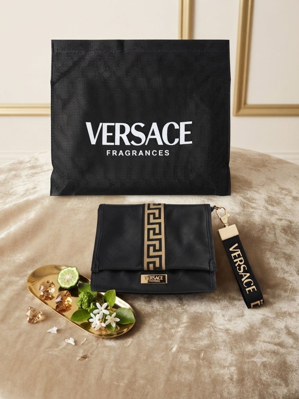 Versace Black and Gold Greek Key Wrist Strap Clutch